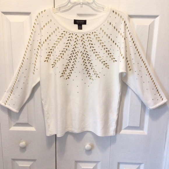 Madison Womens Jupiter White 3/4 Sleeve Embellished Pullover Sweater Size Large - Picture 4 of 6